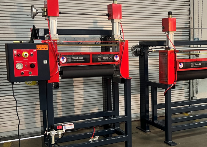 Industrial Laminator Walco 830 - side-by-side installation of multiple red laminating units in a factory setting.