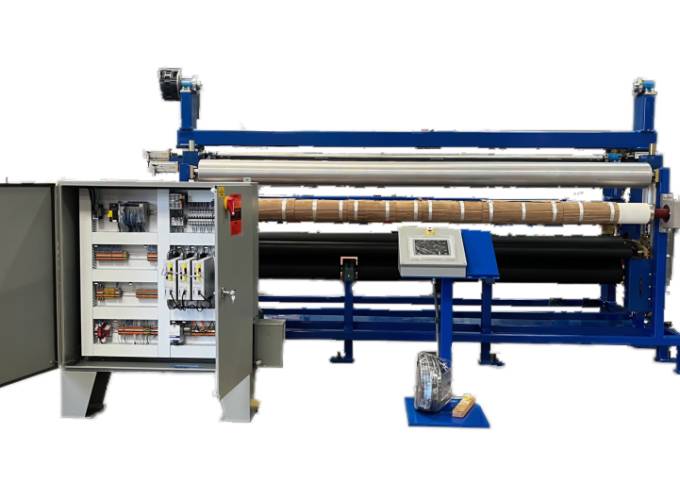 Industrial Laminator Walco 810 - wide format blue frame model with open electrical control cabinet.