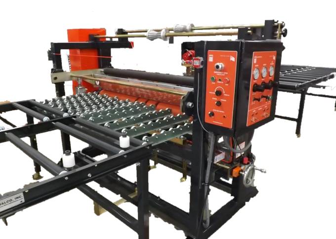 Industrial Laminator Walco 822 - perspective view of the orange lamination unit with an integrated ball transfer conveyor table on a white background