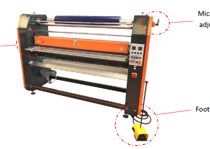 Industrial Laminator PRO-JET by Walco - technical diagram showing micro-adjustment and foot pedal