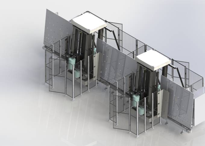 Laminatrice industriale VX ON LINE di Walco - vista prospettica 3D del sistema verticale con recinzione di sicurezza